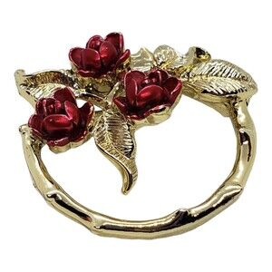 Vintage Gerry's Brooch Pin Three Red Roses Thorned Wreath Enamel Gold Toned